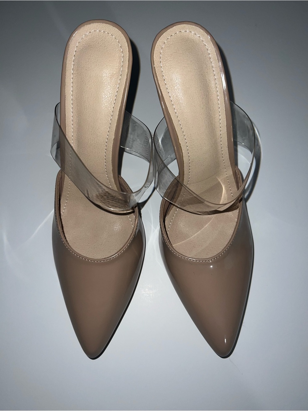 Nude Pointed-Toe Clear Strap Mule - Women's
